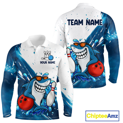White and Blue Camo Shark Bowling polo, quarter zip shirts for Men Custom funny bowling team shirts NQS10280