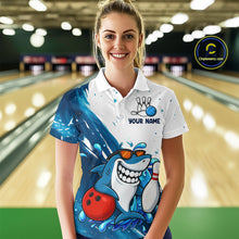 Load image into Gallery viewer, White and Blue Camo Shark Bowling polo, quarter zip shirts for Women Custom funny bowling team shirts NQS10280