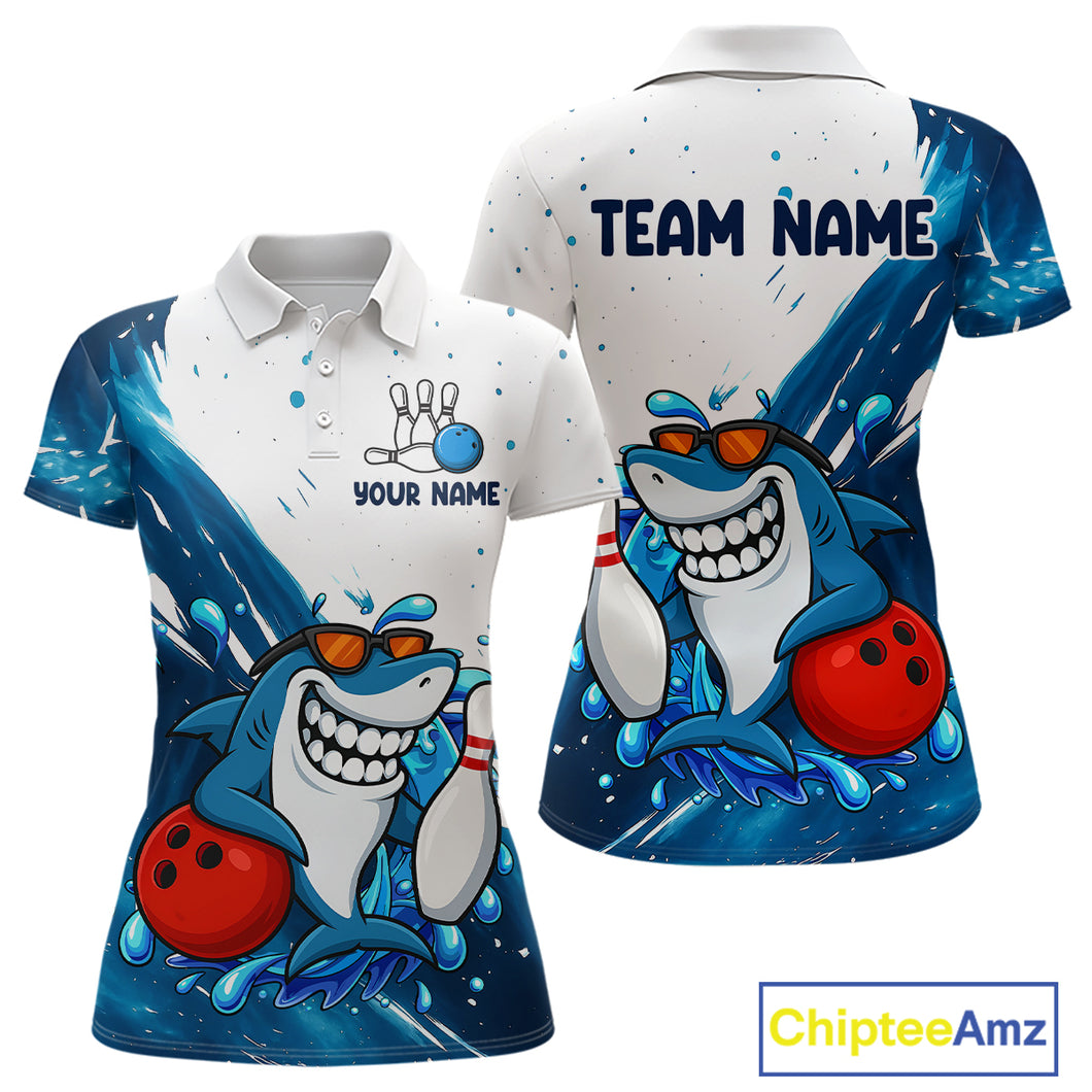 White and Blue Camo Shark Bowling polo, quarter zip shirts for Women Custom funny bowling team shirts NQS10280