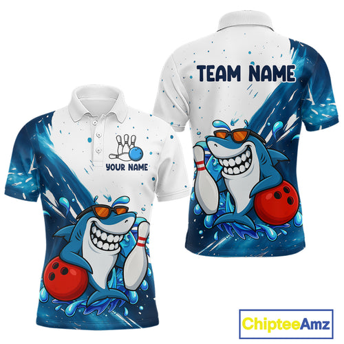White and Blue Camo Shark Bowling polo, quarter zip shirts for Men Custom funny bowling team shirts NQS10280