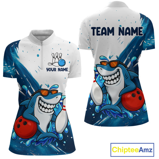 White and Blue Camo Shark Bowling polo, quarter zip shirts for Women Custom funny bowling team shirts NQS10280