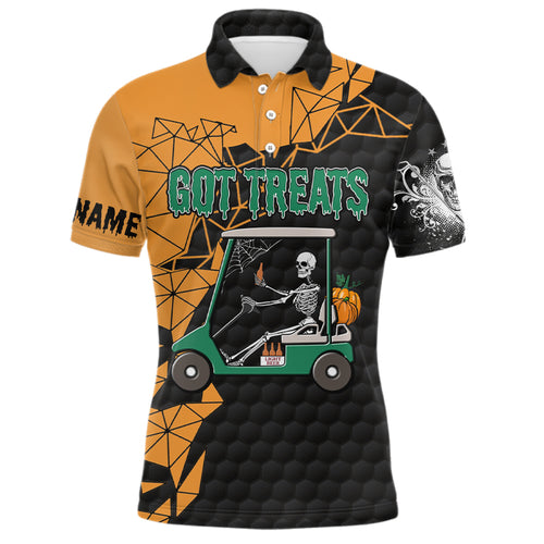 Black and orange Halloween golf skeleton Mens golf polo shirts custom name got treats golf outfits men NQS6174