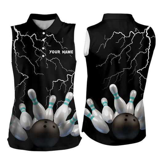 Black lightning thunder custom women sleeveless polo shirt bowling ball pins team jerseys NQS6425