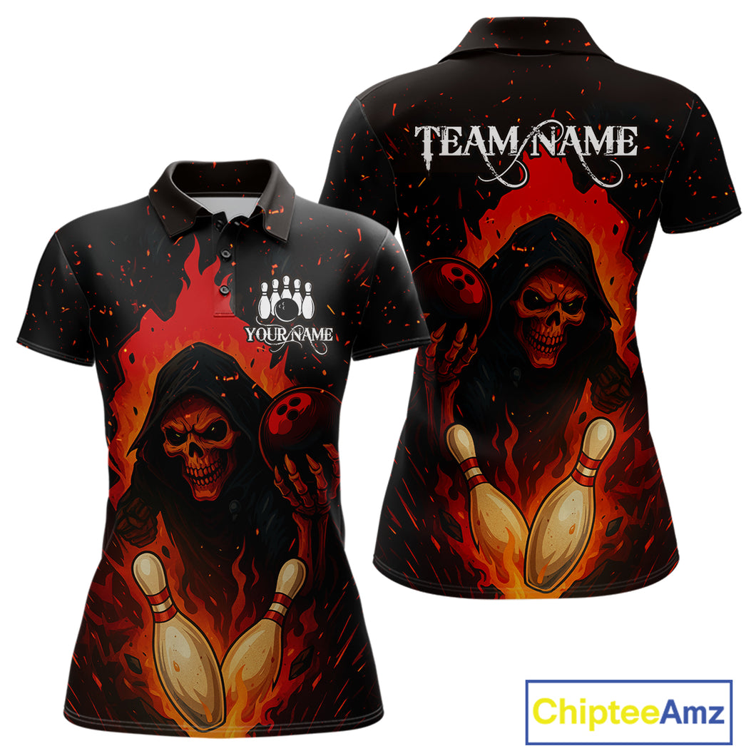 Black and Red Flame Skull Reaper Bowling Shirt For Women Custom Halloween Bowling Team Outfit Jerseys NQS10695