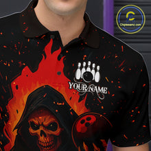 Load image into Gallery viewer, Black and Red Flame Skull Reaper Bowling Shirt For Men Custom Halloween Bowling Team Outfit Jerseys NQS10695