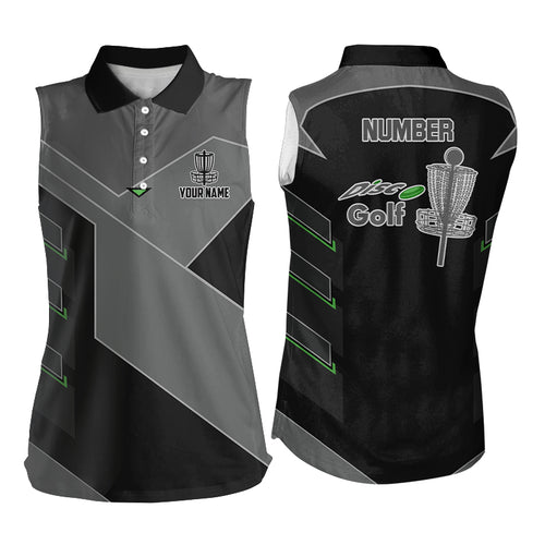 Womens disc golf sleeveless polo shirt custom name, number black disc golf shirt, disc golf outfit NQS6194