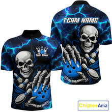 Load image into Gallery viewer, Custom Blue Lightning Thunder Skull Bowling Shirts For Men, Halloween Bowling Team Jerseys NQS10720