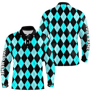 Mens golf polo shirts custom Cyan Blue and black argyle plaid pattern golf attire for men NQS8767