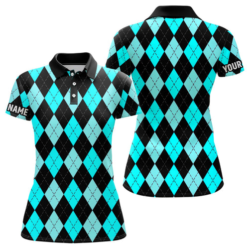 Womens golf polo shirts custom Cyan Blue and black argyle plaid pattern golf attire for ladies NQS8767