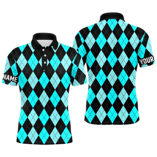 Mens golf polo shirts custom Cyan Blue and black argyle plaid pattern golf attire for men NQS8767