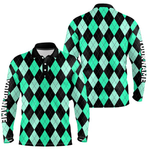 Mens golf polo shirts custom Cyan Green and black argyle plaid pattern golf attire for men NQS8768