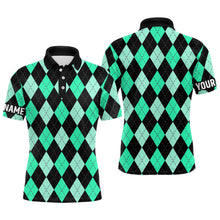 Load image into Gallery viewer, Mens golf polo shirts custom Cyan Green and black argyle plaid pattern golf attire for men NQS8768