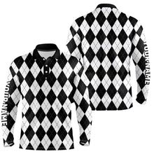 Load image into Gallery viewer, Mens golf polo shirts custom White and black argyle plaid pattern golf attire for men NQS8769