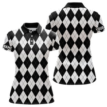 Load image into Gallery viewer, Womens golf polo shirts custom White and black argyle plaid pattern golf attire for ladies NQS8769