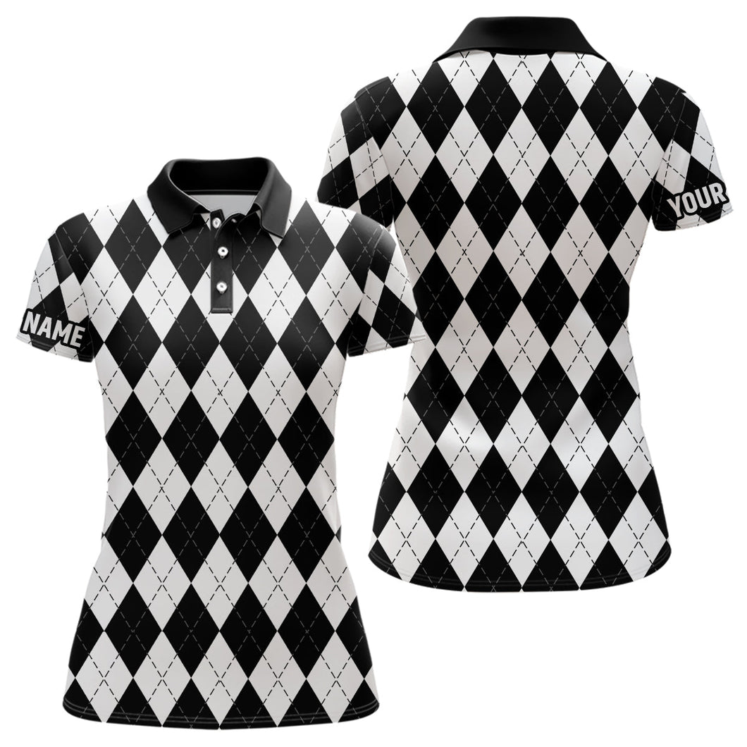 Womens golf polo shirts custom White and black argyle plaid pattern golf attire for ladies NQS8769