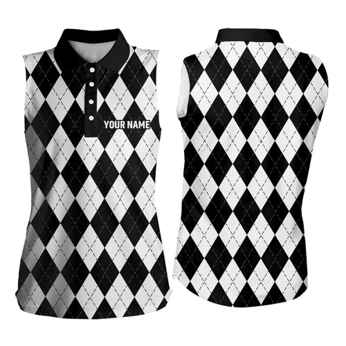 Women sleeveless polo shirt custom White and black argyle plaid pattern golf attire for ladies NQS8769