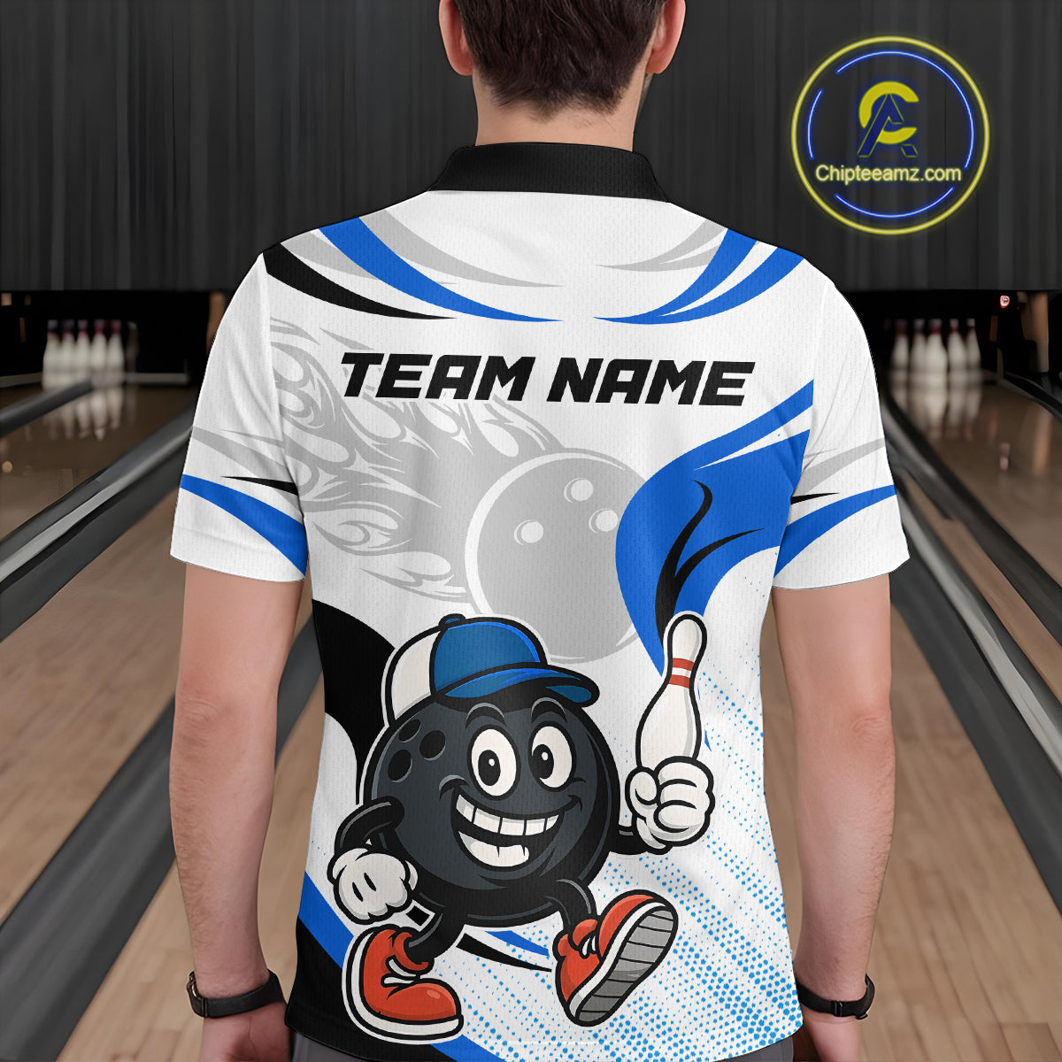 Blue and White Funny Bowling Shirts For Men Custom Team Bowling Polo, 1/4 Zip Jerseys NQS11103