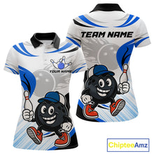 Load image into Gallery viewer, Blue and White Funny Bowling Shirts For Women Custom Team Bowling Polo, 1/4 Zip Jerseys NQS11103