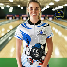 Load image into Gallery viewer, Blue and White Funny Bowling Shirts For Women Custom Team Bowling Polo, 1/4 Zip Jerseys NQS11103
