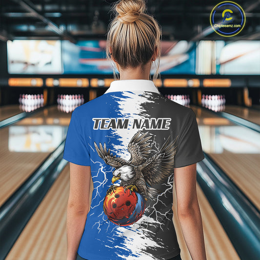 Lightning Thunder Eagle Bowling Polo, Quarter Zip Shirt For Women Custom bowling Team jerseys | Blue NQS11309