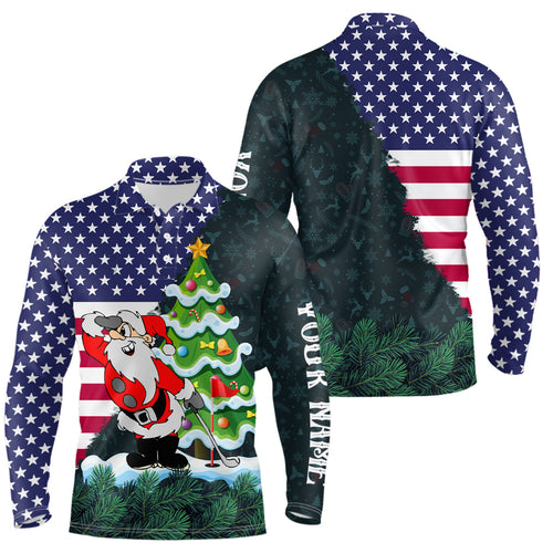 American flag Christmas Santa golf pattern custom Mens golf polo shirts, christmas golf apparel NQS8115