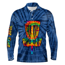 Load image into Gallery viewer, Mens disc golf polo shirts with colorful disc golf basket blue tie dye custom mens disc golf apparel NQS6201