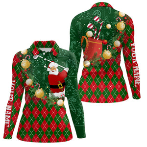 Christmas Santa Playing Golf Green and Red argyle pattern Womens golf polo shirts Custom golf outfits NQS9008