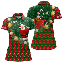 Load image into Gallery viewer, Christmas Santa Playing Golf Green and Red argyle pattern Womens golf polo shirts Custom golf outfits NQS9008