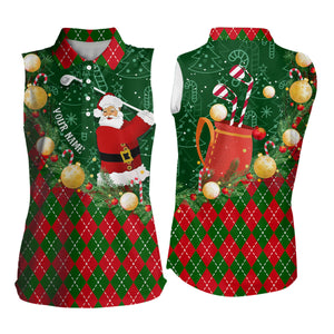 Christmas Santa Playing Golf Green and Red argyle pattern Sleeveless polo shirt Custom golf outfits NQS9008