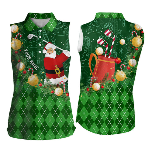 Christmas Santa Playing Golf Green argyle pattern Sleeveless polo shirt Custom Xmas golf outfits NQS9009