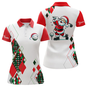 Christmas argyle pattern Santa Playing Golf Womens golf polo Shirt Custom Xmas ladies golf outfit NQS9010