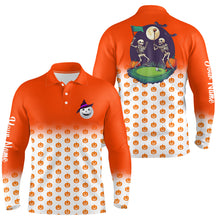 Load image into Gallery viewer, Funny Mens golf polo shirts custom orange Halloween pumpkin pattern skull golf apparel NQS8554