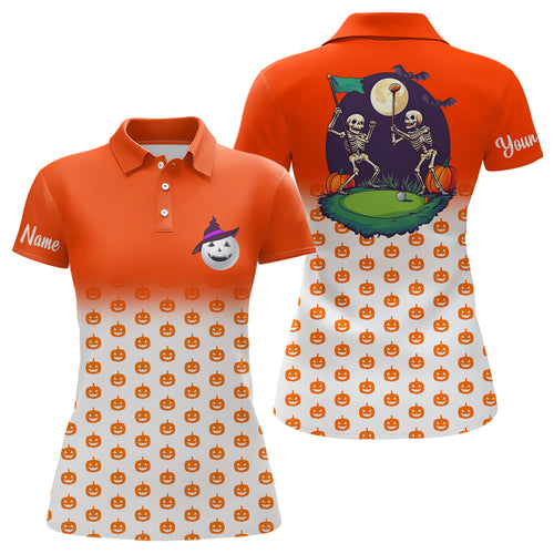 Funny Womens golf polo shirts custom orange Halloween pumpkin pattern skull golf apparel NQS8554