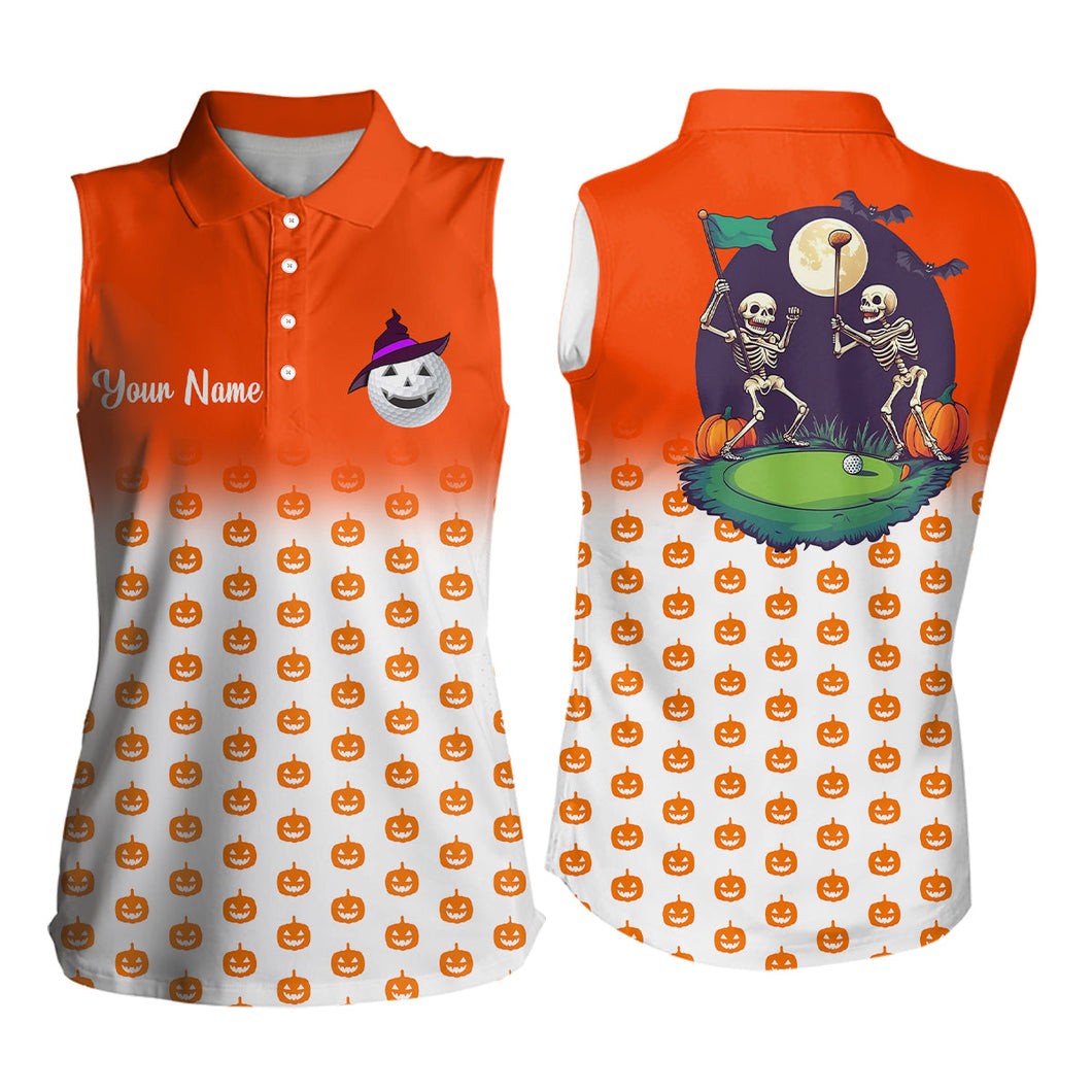 Funny Womens sleeveless golf polo shirt custom orange Halloween pumpkin pattern skull golf apparel NQS8554