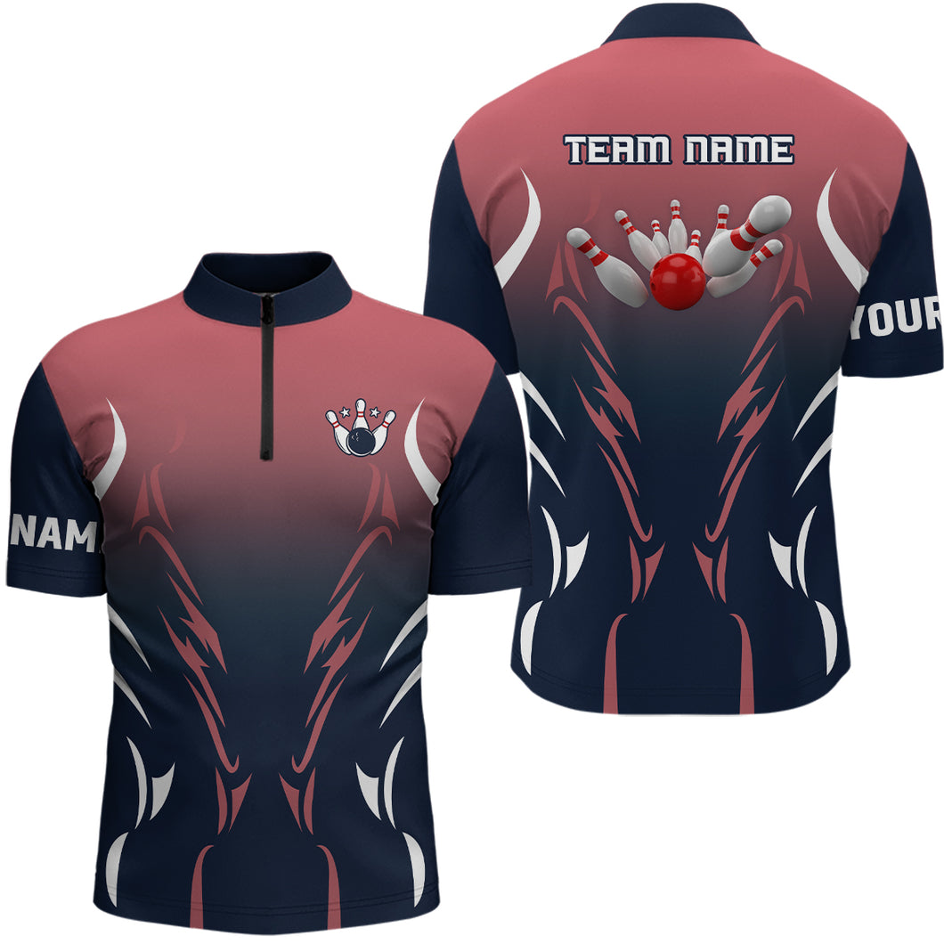 Men's bowling Quarter Zip shirts Custom navy and red retro bowling team shirts, custom bowling jerseys NQS6228