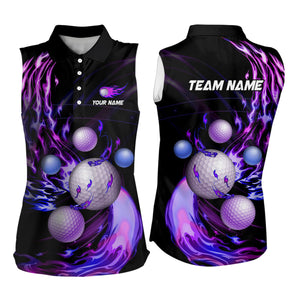 Purple Flame Golf ball Black Women sleeveless polo shirt custom golf tops for ladies golf gifts NQS8831