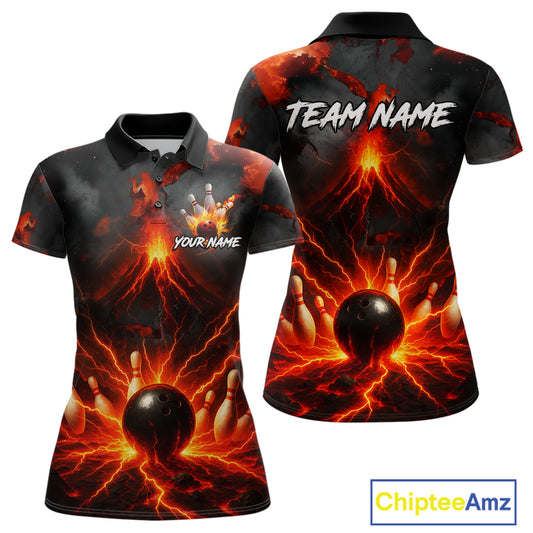 Red Lightning volcano Women Bowling Polo, Quarter Zip shirts Custom bowling outfits gifts for ladies NQS10956