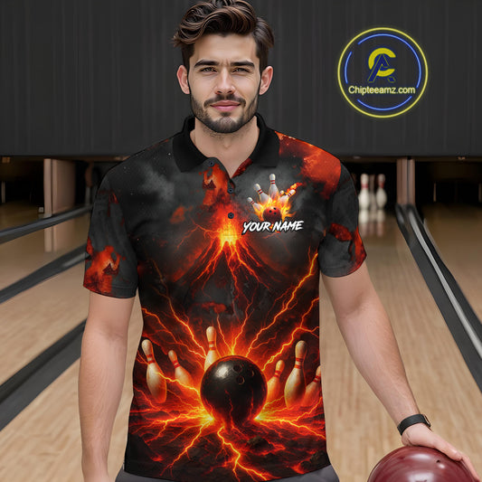 Red Lightning volcano Mens Bowling Polo, Quarter Zip shirts Custom bowling outfits gifts for men NQS10956