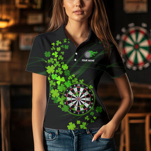 Green shamrock Lucky Darts Polo, Quarter-Zip Shirts For Women Custom St Patrick day Dart Team Jerseys NQS9458