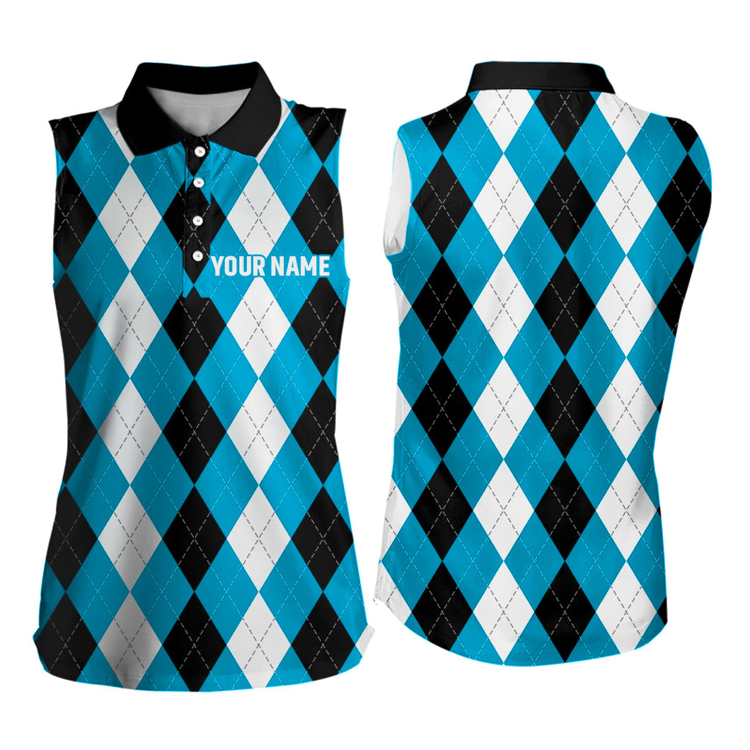 Women sleeveless polo shirt custom cyan blue argyle plaid pattern golf attire for women NQS7695