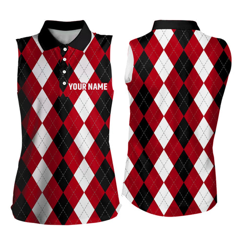 Women sleeveless polo shirt custom red argyle plaid pattern golf attire for women NQS7696