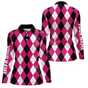 Womens golf polo shirts custom pink argyle plaid pattern golf attire for women, golf gifts NQS7697