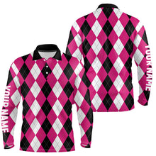 Load image into Gallery viewer, Mens golf polo shirts custom pink argyle plaid pattern golf attire for men, golfing gifts NQS7697