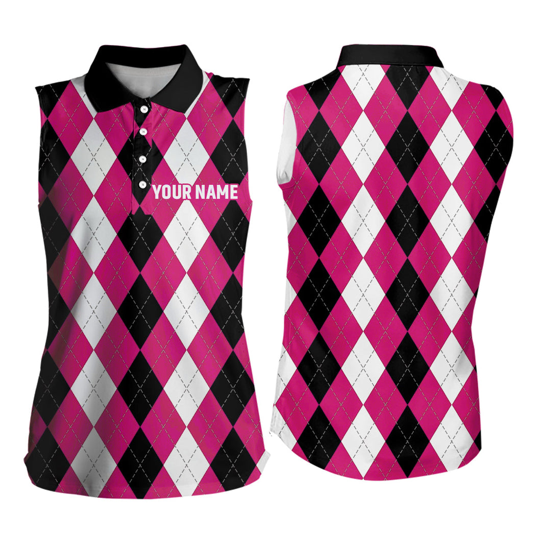 Women sleeveless polo shirt custom pink argyle plaid pattern golf attire for women NQS7697