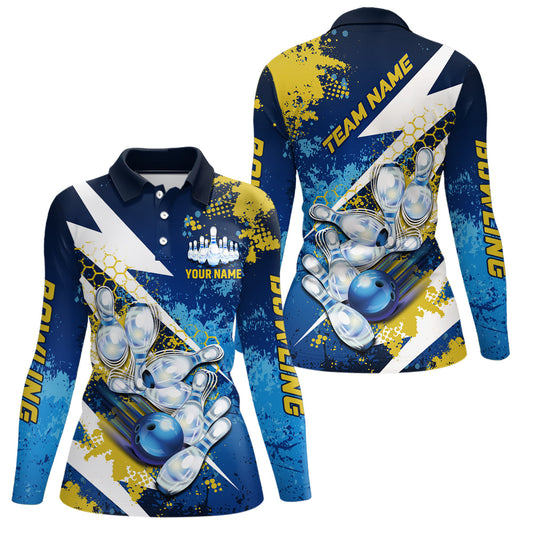 Yellow and blue grunge lightning Bowling Polo, Quarter Zip shirt For Women Custom Team Bowling Jersey NQS7700