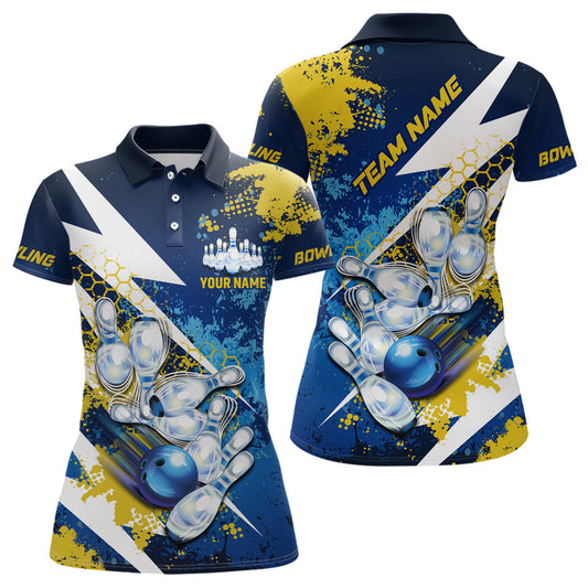 Yellow and blue grunge lightning Bowling Polo, Quarter Zip shirt For Women Custom Team Bowling Jersey NQS7700