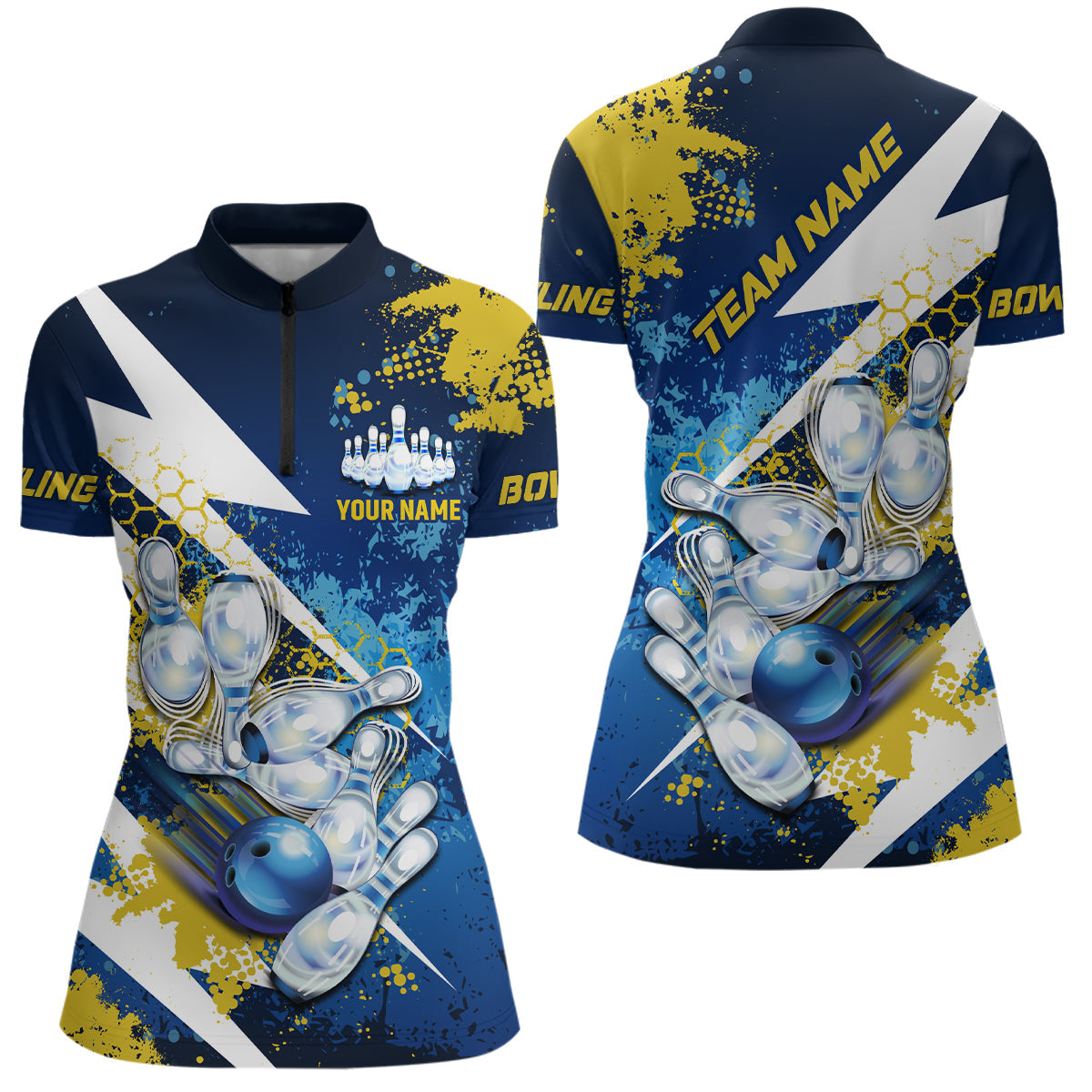 Yellow and blue grunge lightning Bowling Polo, Quarter Zip shirt For Women Custom Team Bowling Jersey NQS7700