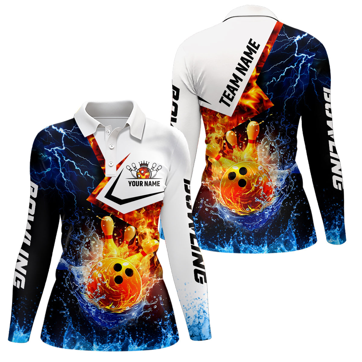 Fire and Water bowling ball pins Bowling shirts for Women Custom Lightning Team Bowling Jerseys NQS7701