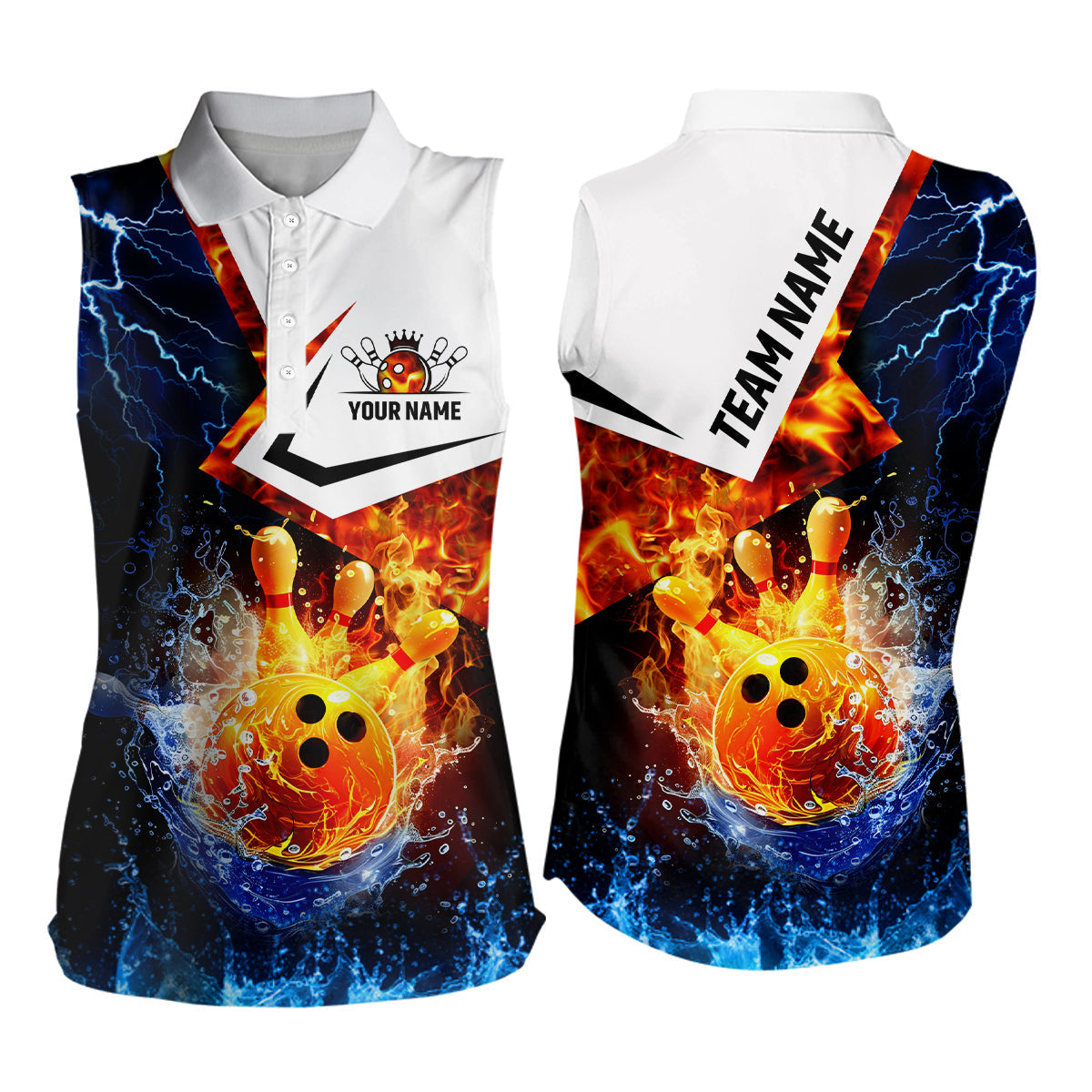 Fire and Water bowling ball pins Women sleeveless polo shirts Custom Lightning Team Bowling Jersey NQS7701