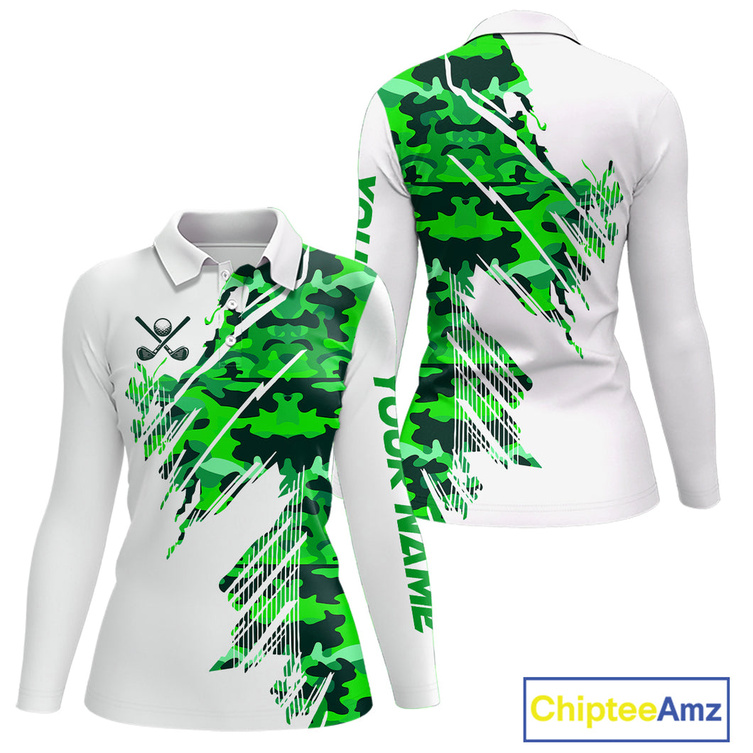 Personalized Women golf polo shirts custom white and green camo ladies golf apparel, golfing gifts NQS10334